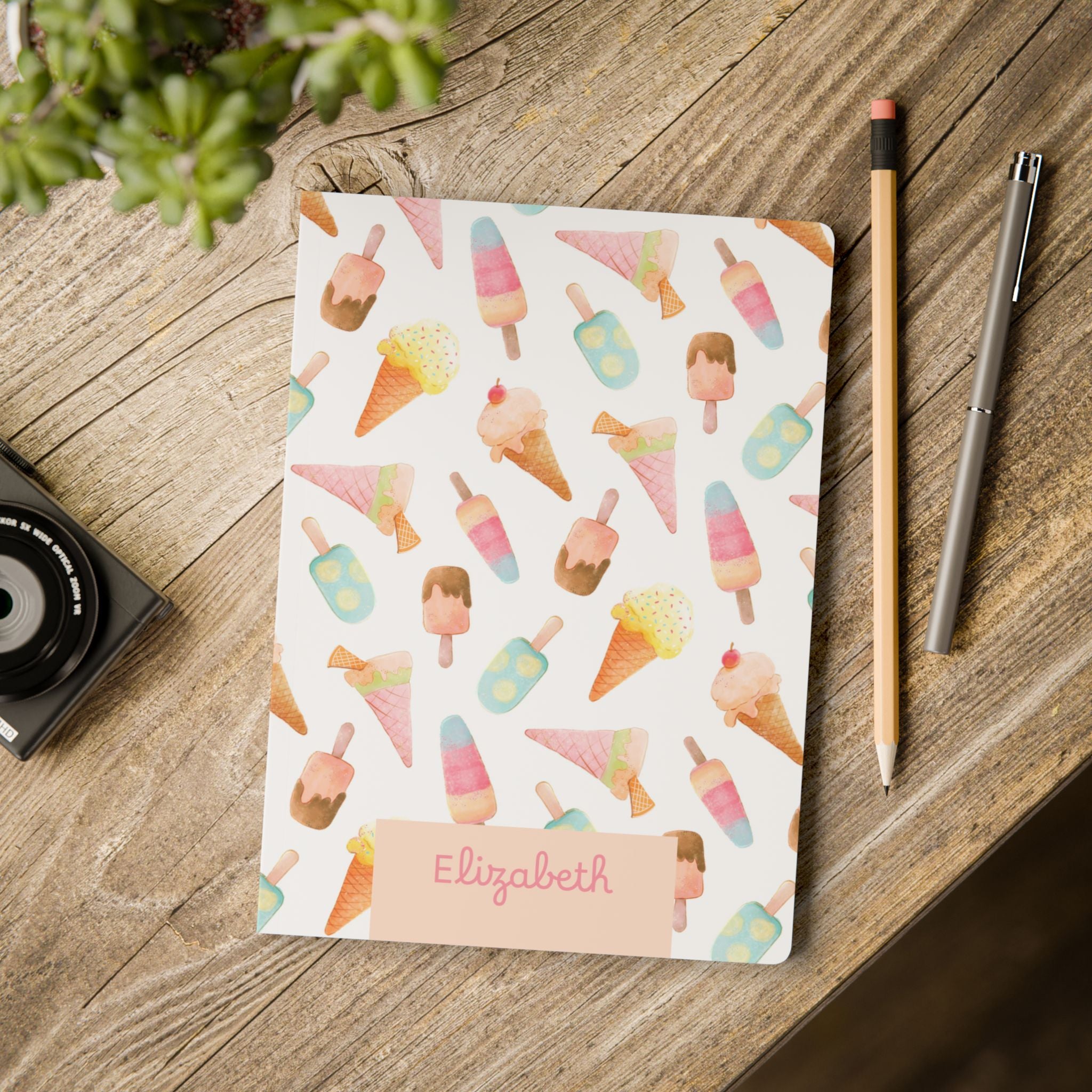 Ice Cream Pattern Softcover Journal — Personalized Name Notebook