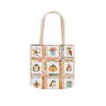 Load image into Gallery viewer, Autumn Patchwork cozy cottage core tote bag with patches of cute owl hedgehog pumpkin chikadee tea cup mushrooms peonies and bee.
