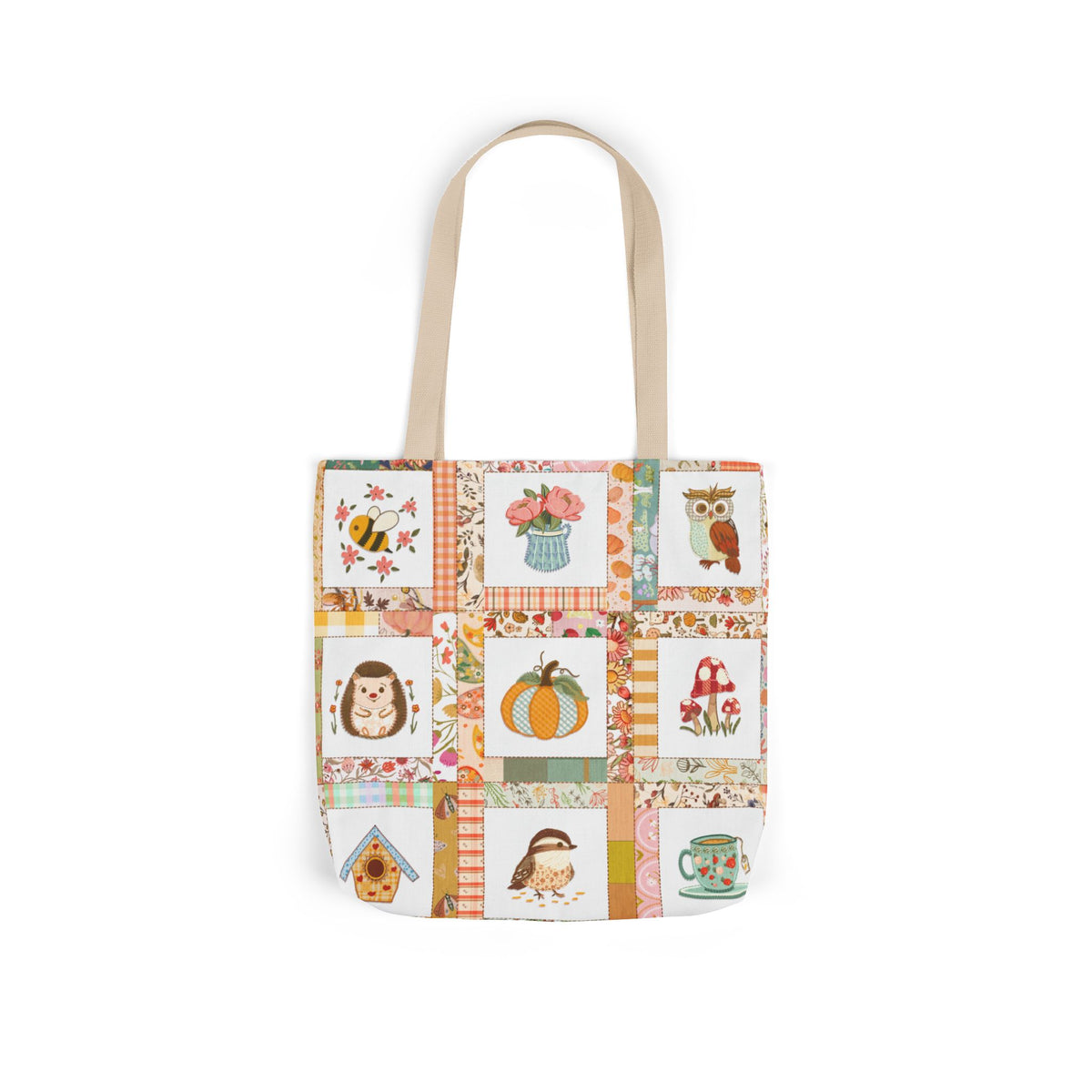 Autumn Patchwork cozy cottage core tote bag with patches of cute owl hedgehog pumpkin chikadee tea cup mushrooms peonies and bee.