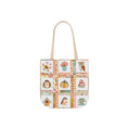 Load image into Gallery viewer, Autumn Patchwork cozy cottage core tote bag with patches of cute owl hedgehog pumpkin chikadee tea cup mushrooms peonies and bee.
