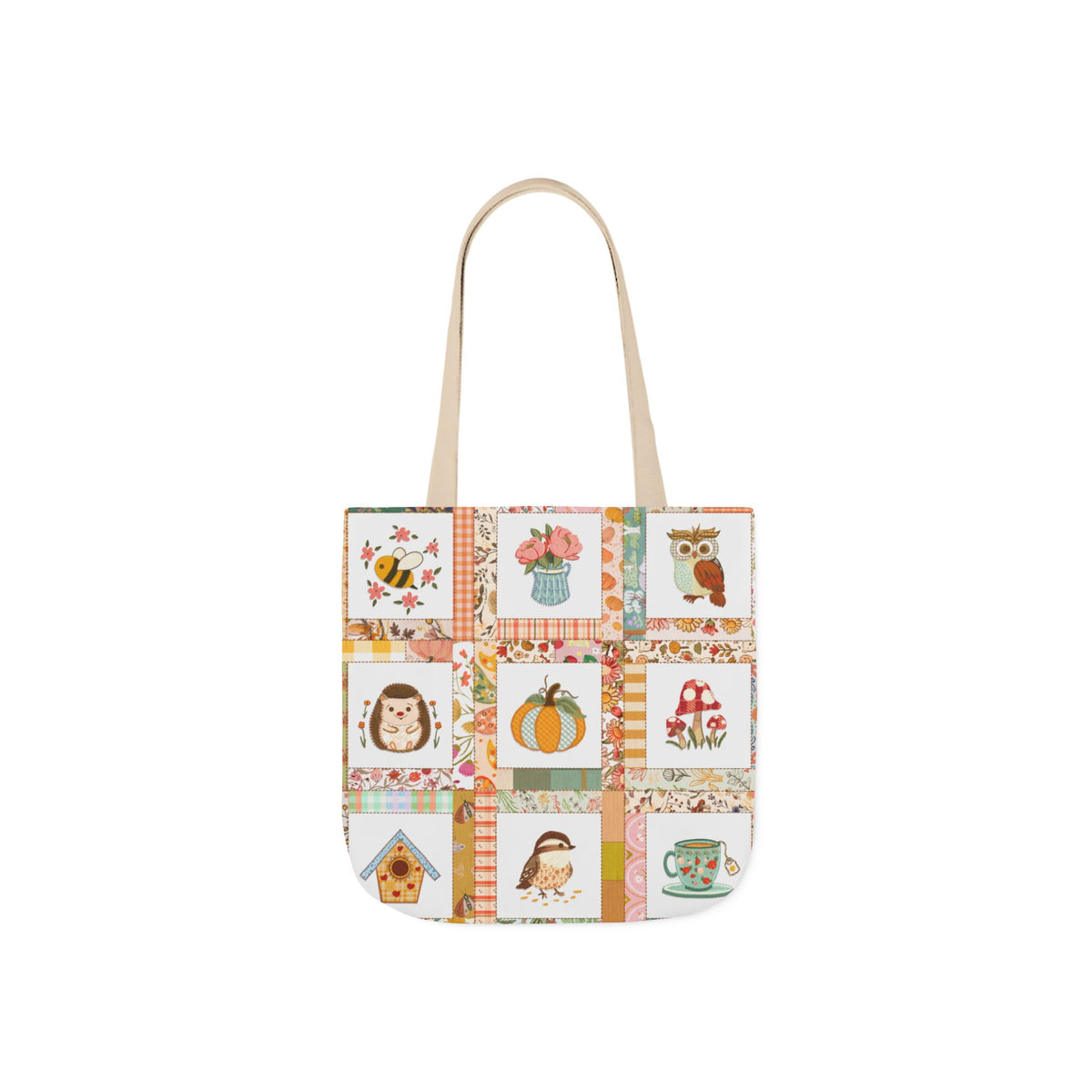 Autumn Patchwork cozy cottage core tote bag with patches of cute owl hedgehog pumpkin chikadee tea cup mushrooms peonies and bee.