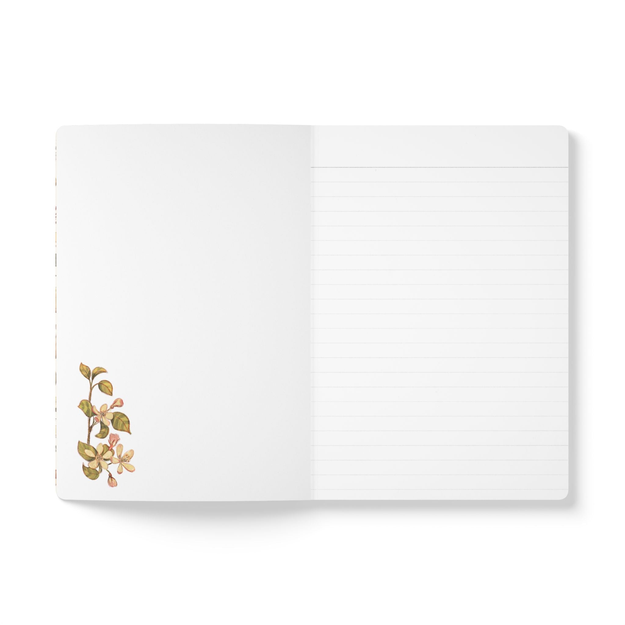 An open lined notebook with a white cover and a delicate botanical illustration in the lower left corner, set against a clean white background.