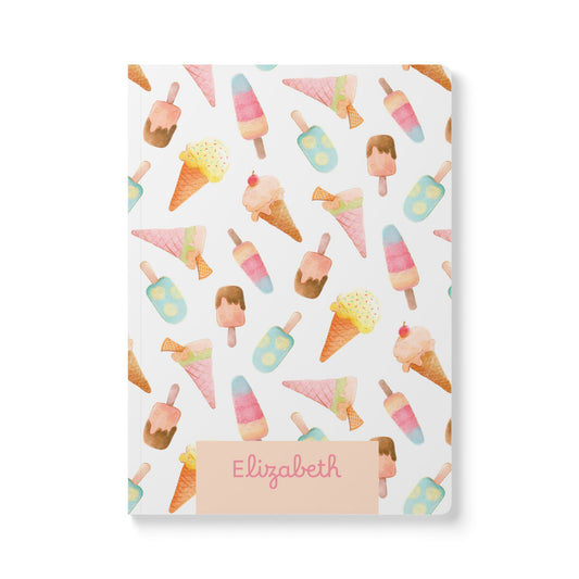 Notebook with ice cream pattern and 'Elizabeth' on a white background