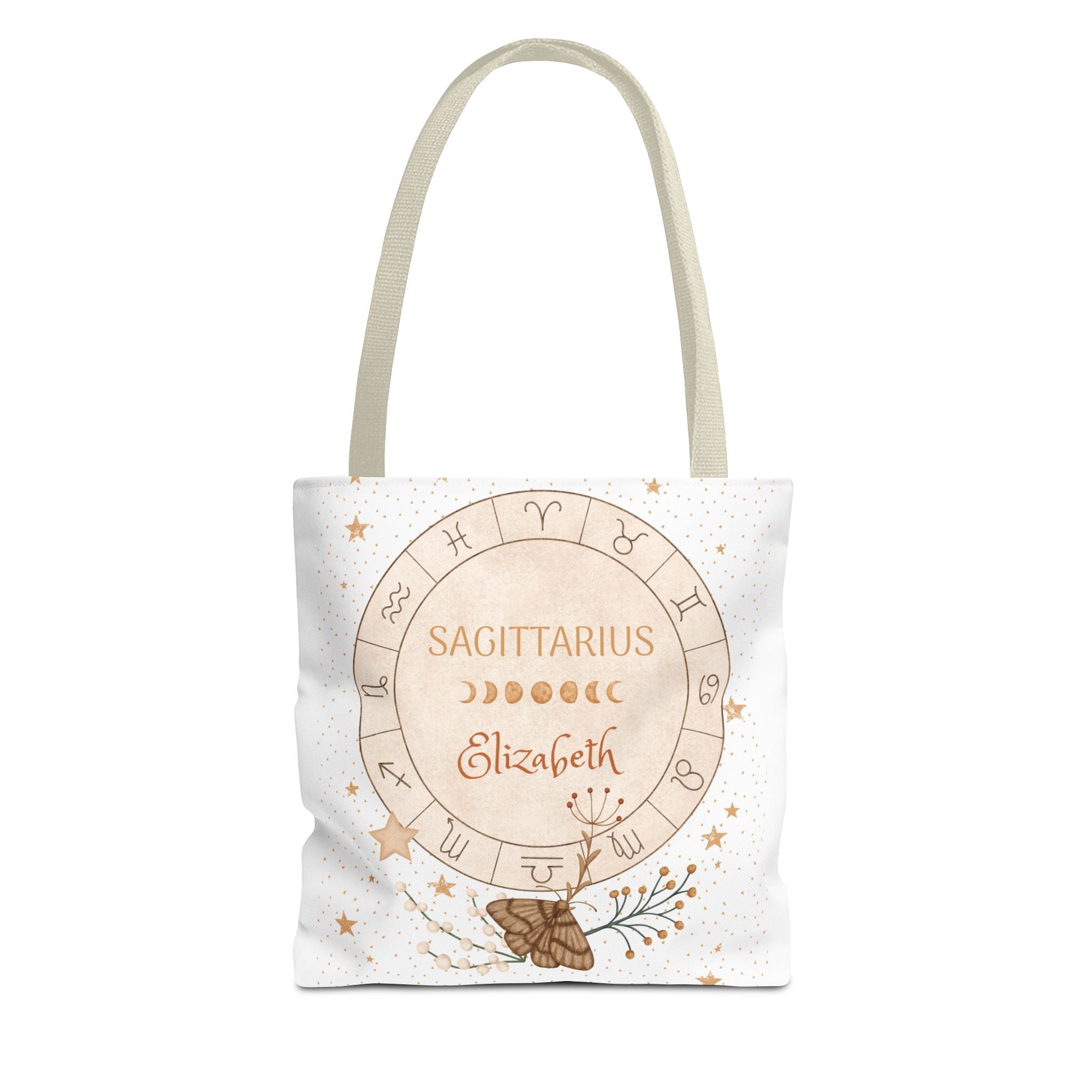 Tote bag with Sagittarius design and personalized name on a white background