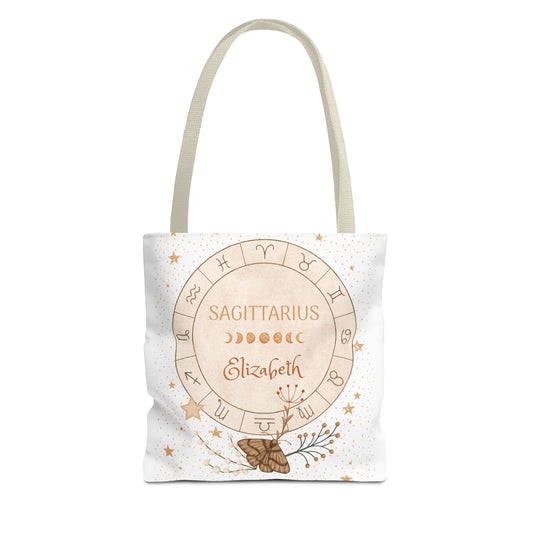 Tote bag with Sagittarius design and personalized name on a white background