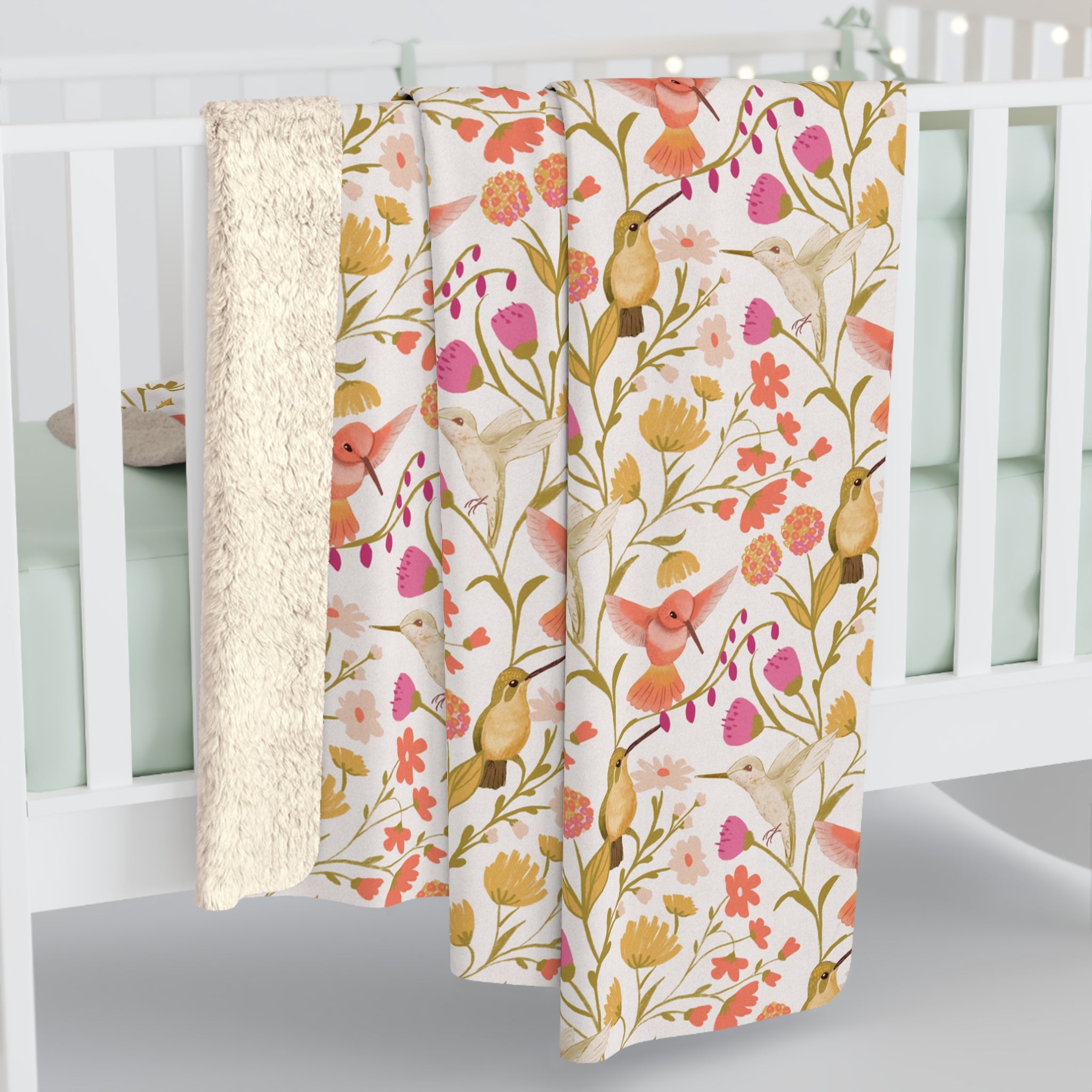 Hummingbird Garden Floral Sherpa Fleece Blanket