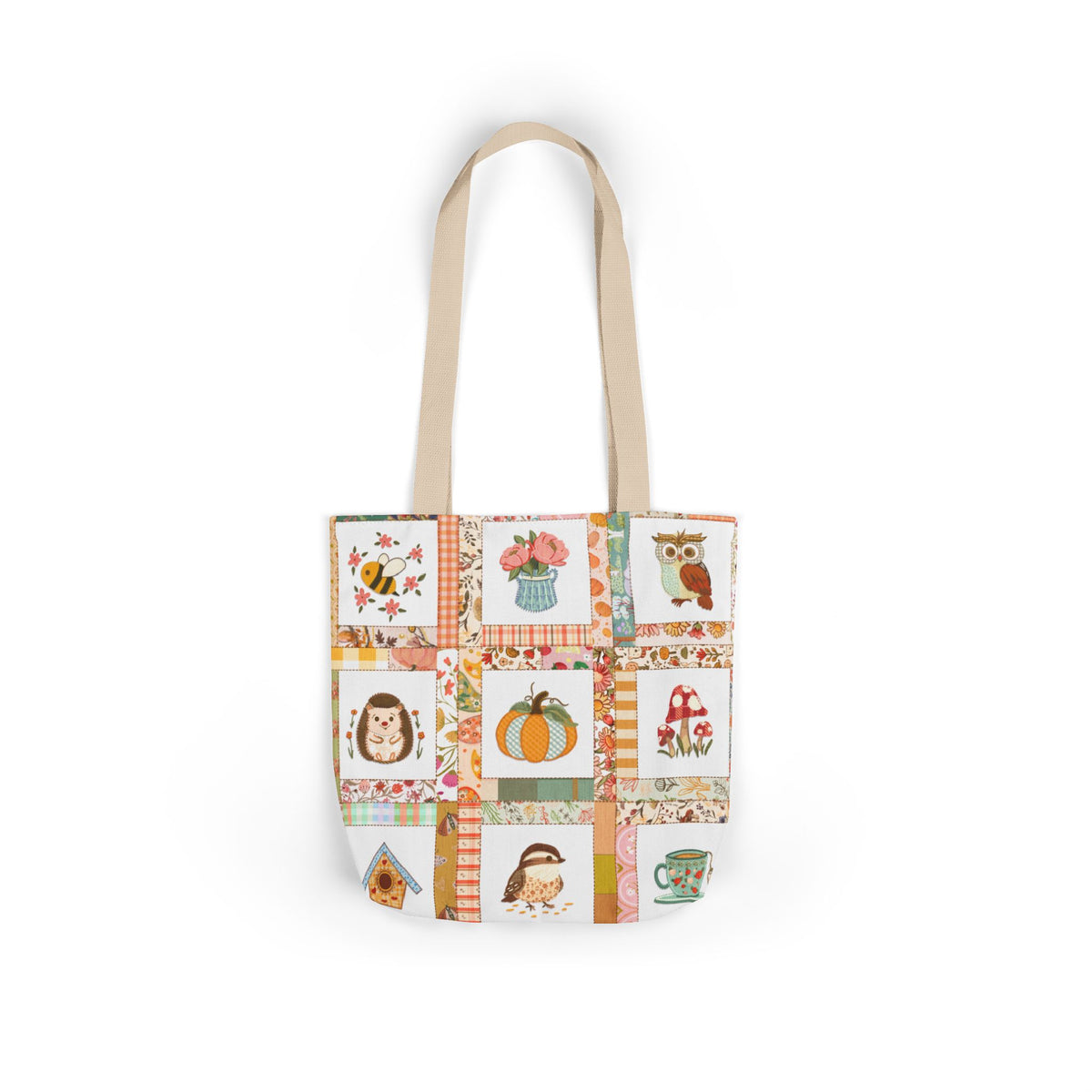 Autumn Patchwork cozy cottage core tote bag with patches of cute owl hedgehog pumpkin chikadee tea cup mushrooms peonies and bee.