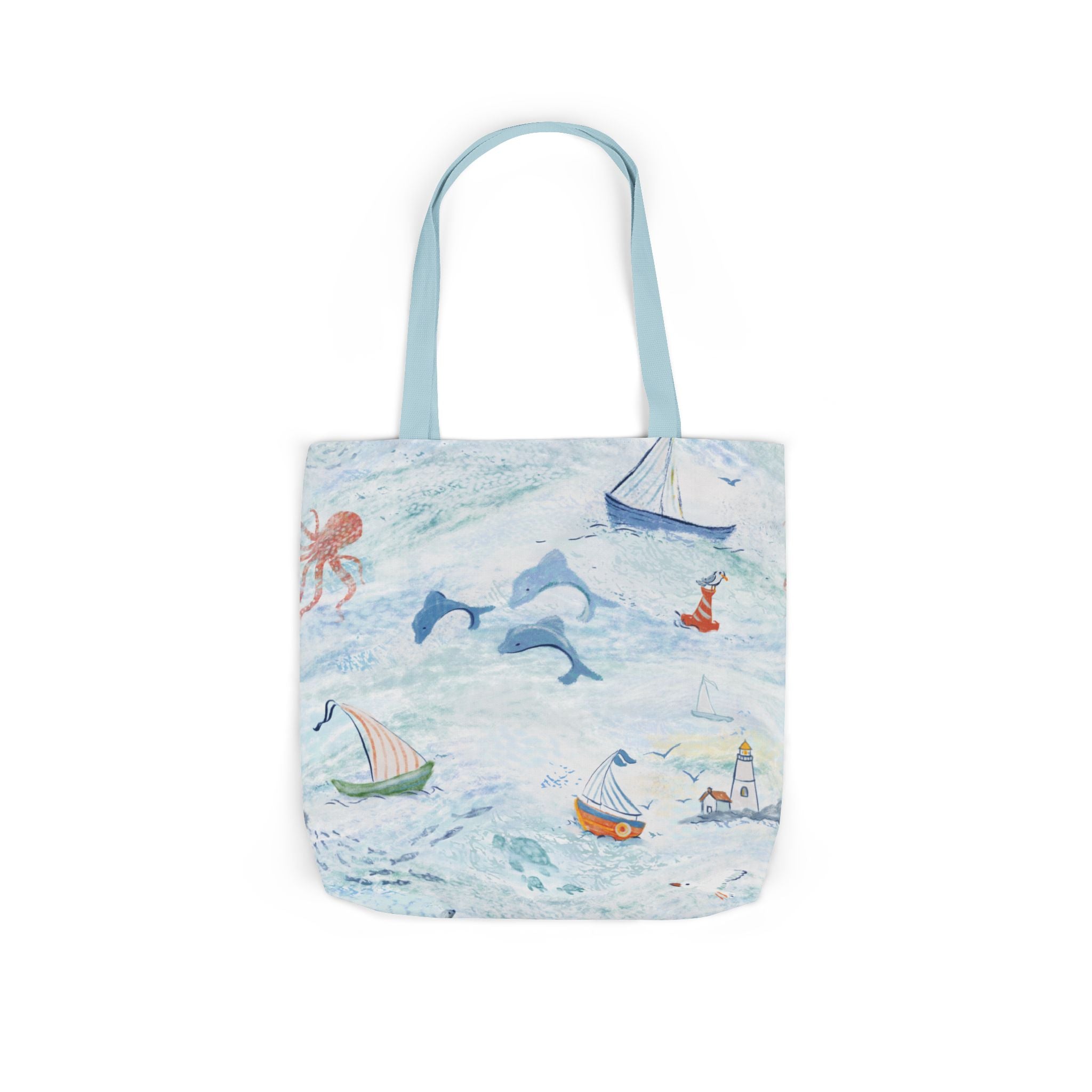 Tote bag with ocean-themed design featuring boats and mermaids on a white background