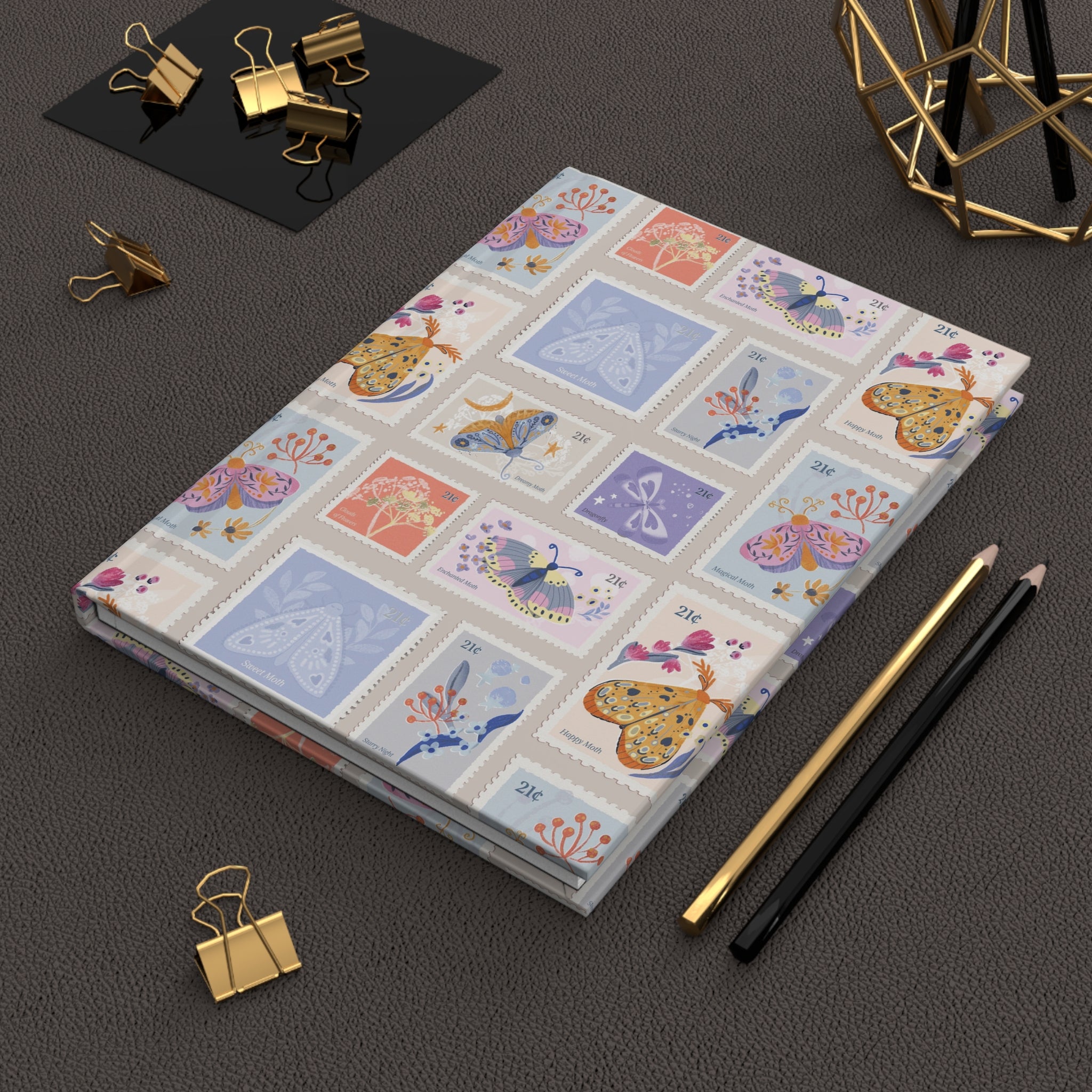 Hardcover Journal Matte Vintage Moth Stamps Pattern