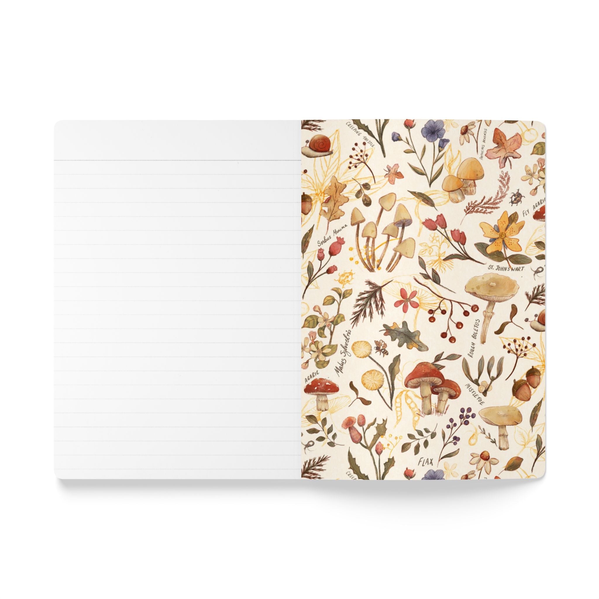 An open lined notebook with a cream cover decorated with a vintage-style botanical and mushroom illustration pattern, shown on a clean white background.