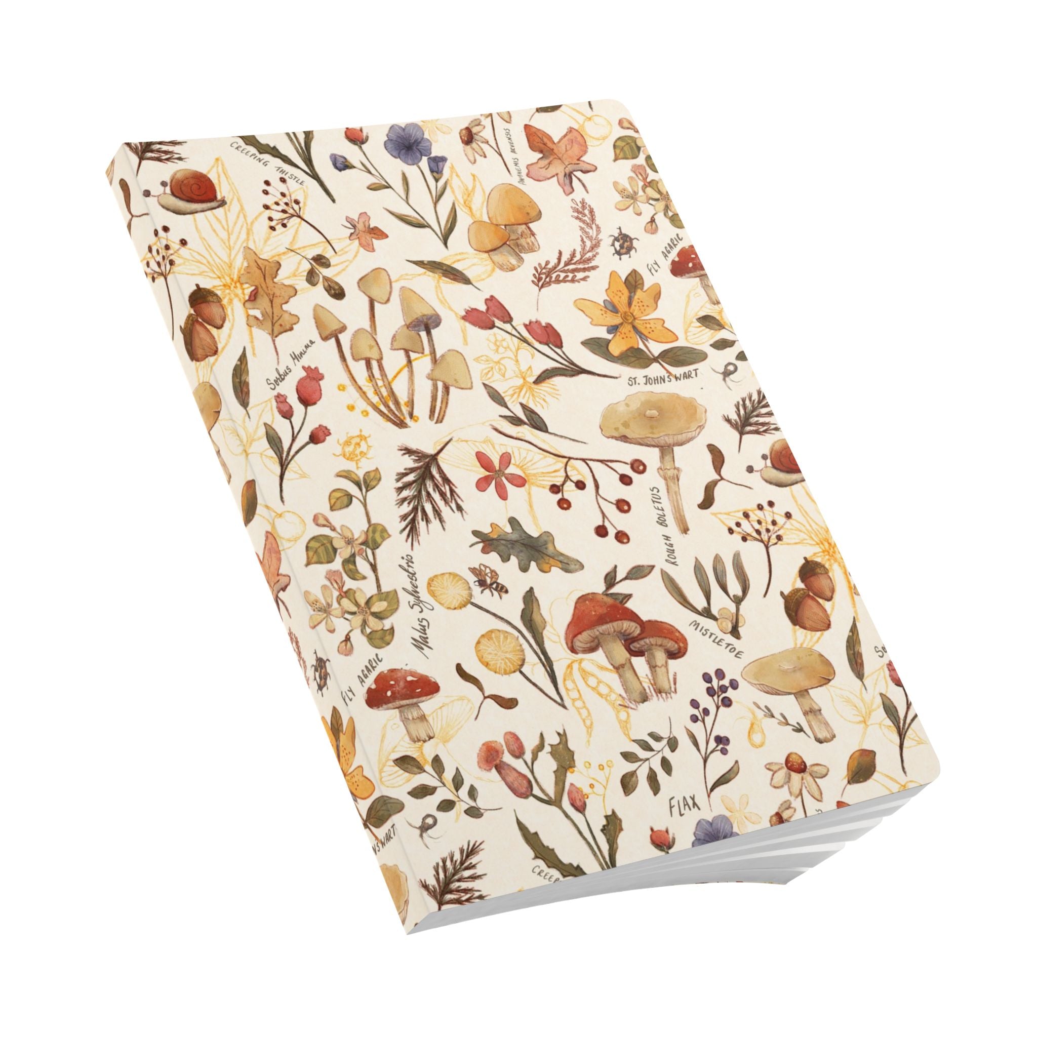 A hardcover notebook with a cream-colored cover decorated with a detailed botanical and mycological illustration pattern featuring mushrooms, flowers, and leaves, shown on a plain white background.