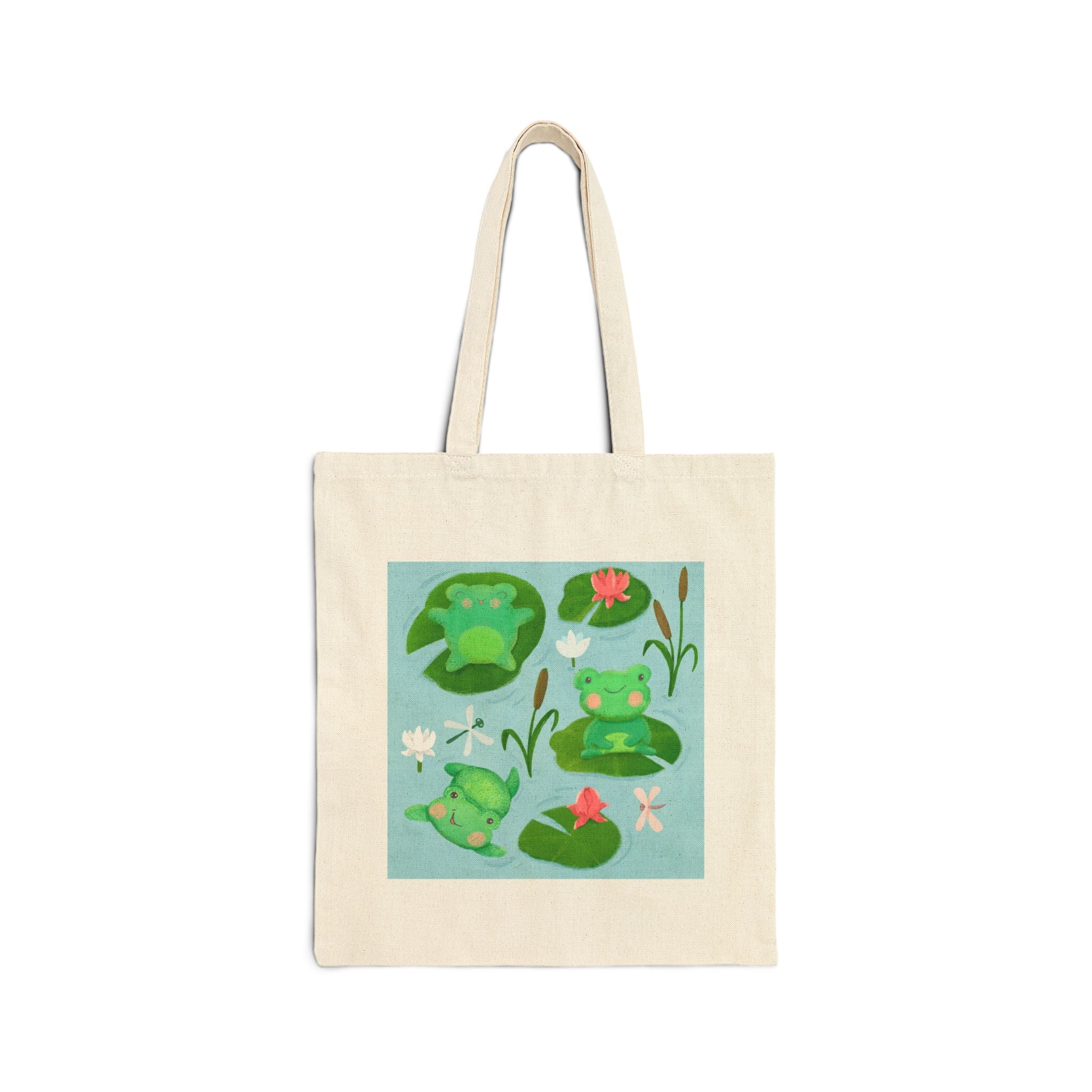 Cute Frogs in a Lily Pond Canvas Tote