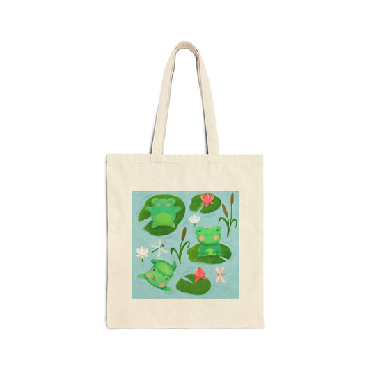 Cute Frogs in a Lily Pond Canvas Tote