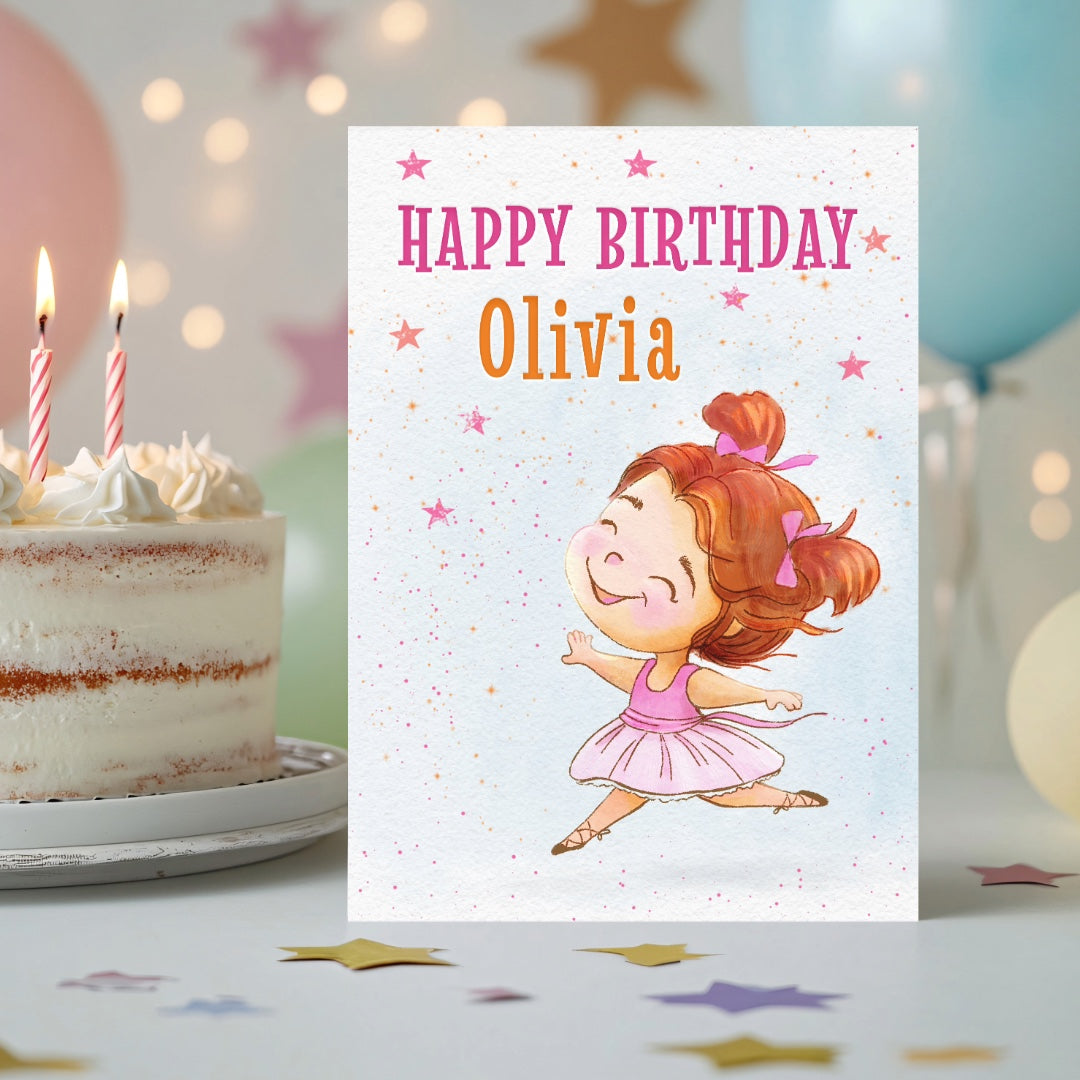 Birthday card with a girl in a pink dress and 'Happy Birthday Olivia' text, next to a cake with candles.