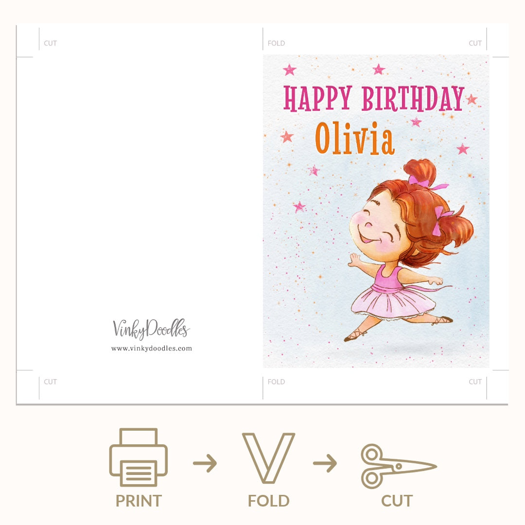 Birthday card with a dancing girl illustration and 'Happy Birthday Olivia' text, featuring VickyDoodles branding.