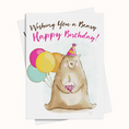 Load image into Gallery viewer, Bear with cupcake and balloons birthday greeting
