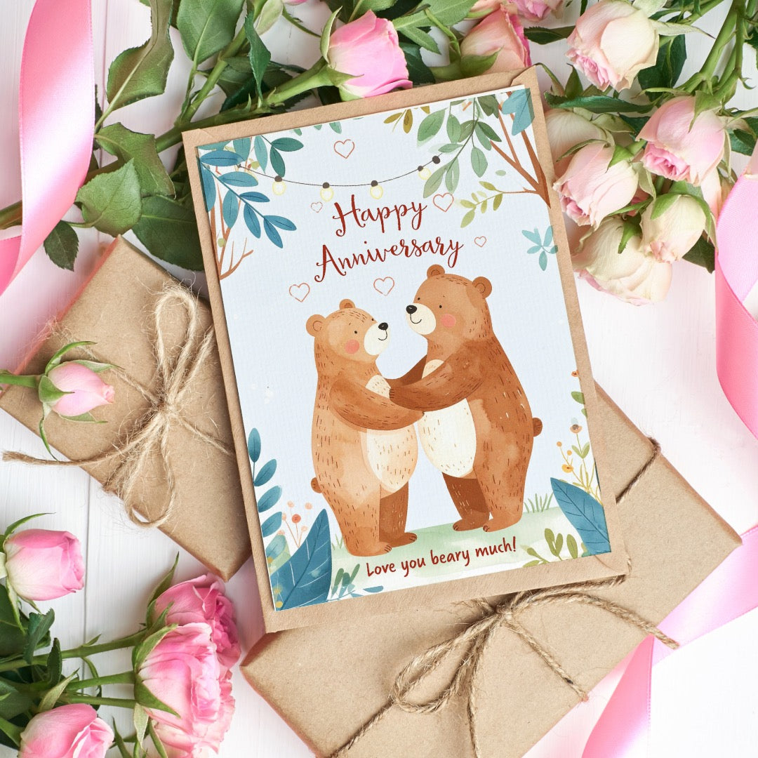 Happy anniversary printable card with bear couple