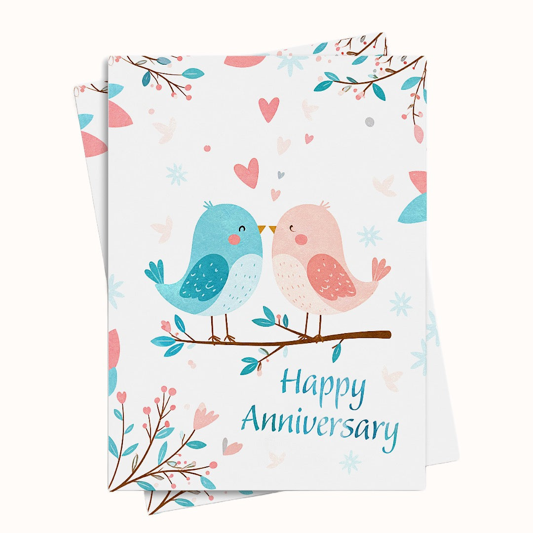 Happy anniversary printable card with cute birds and hearts
