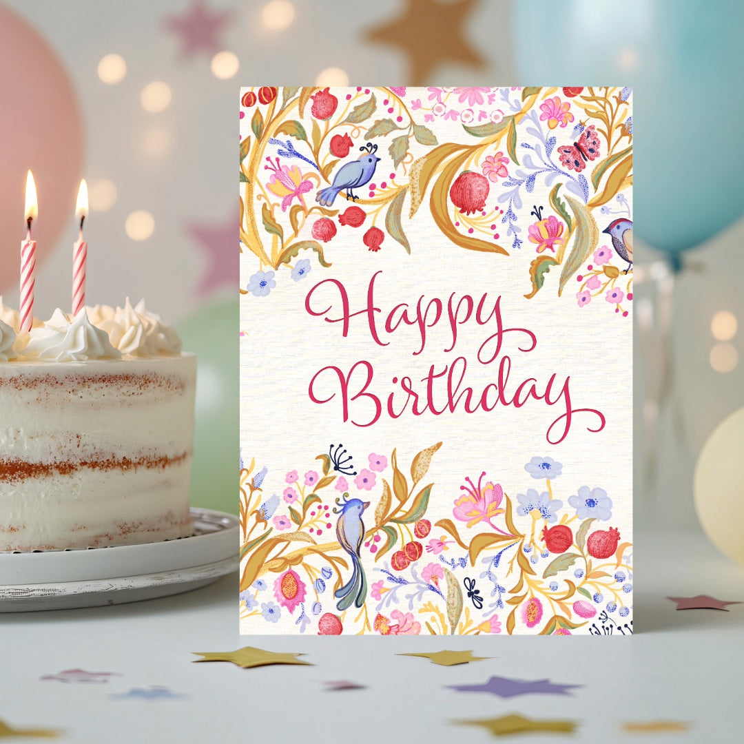 Birds Botanical Birthday Printable Greeting Card