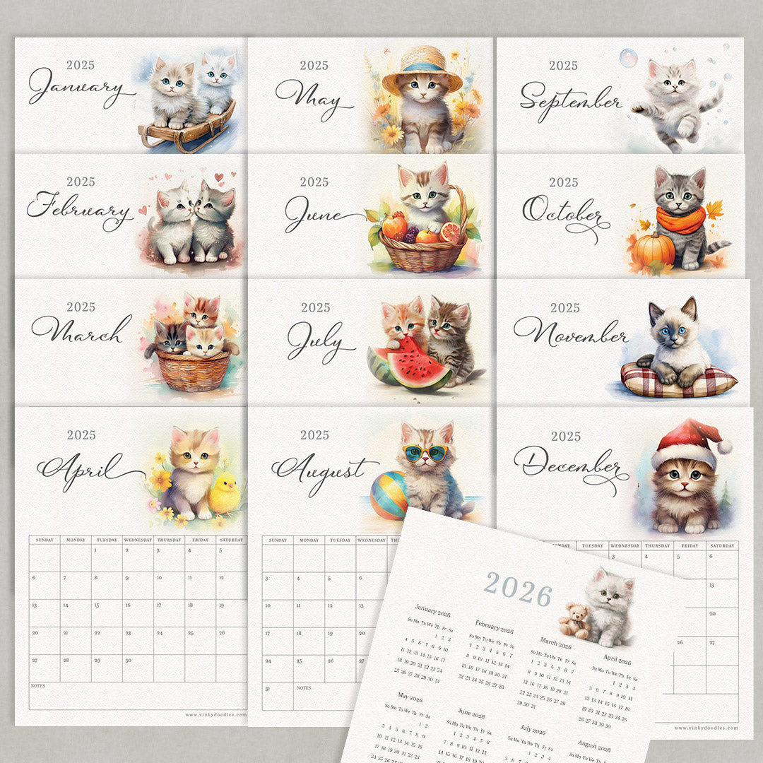 Cute Kittens Printable and Digital Calendar