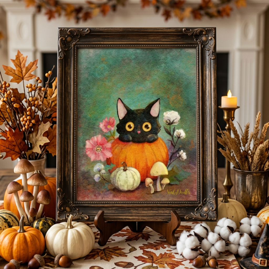 A framed autumn-themed painting of a black cat in an orange pumpkin, displayed on a table surrounded by pumpkins, candles, dried grass, and fall decorations.