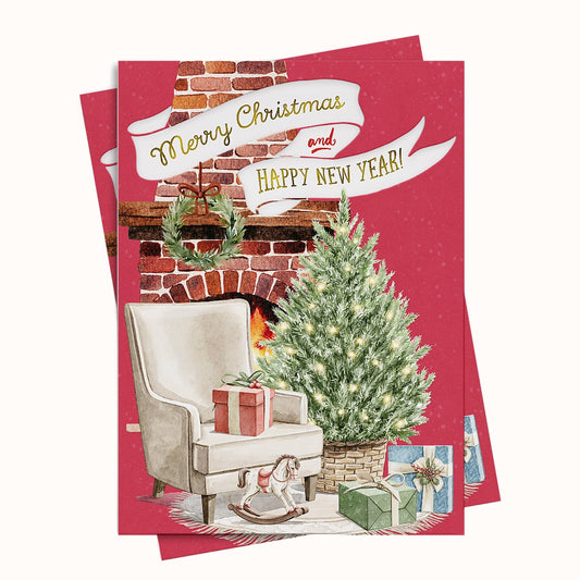 Printable Christmas card with a fireplace, tree, and presents on a red background