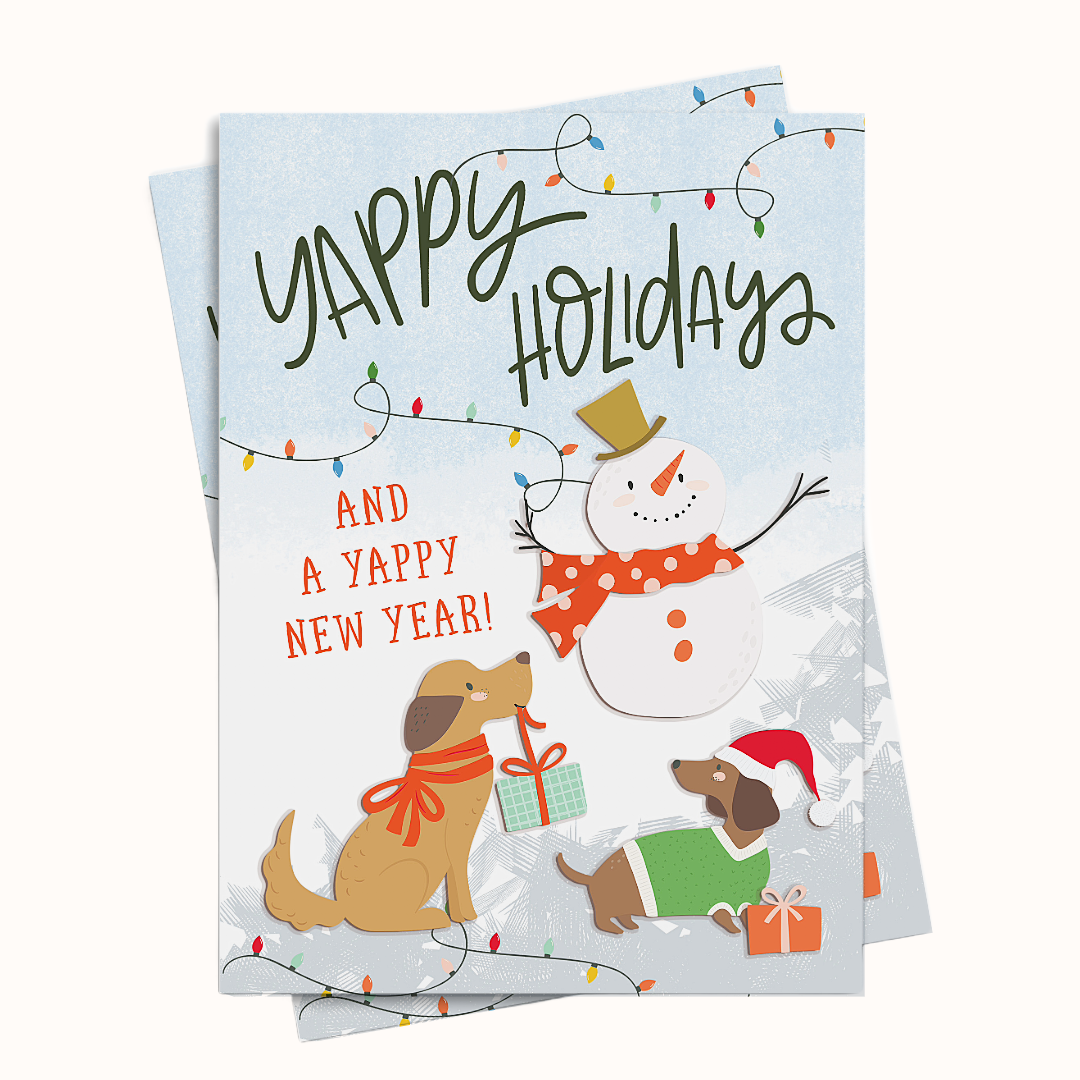 Holiday card with snowman, dogs, and Christmas lights on a white background for dog lovers