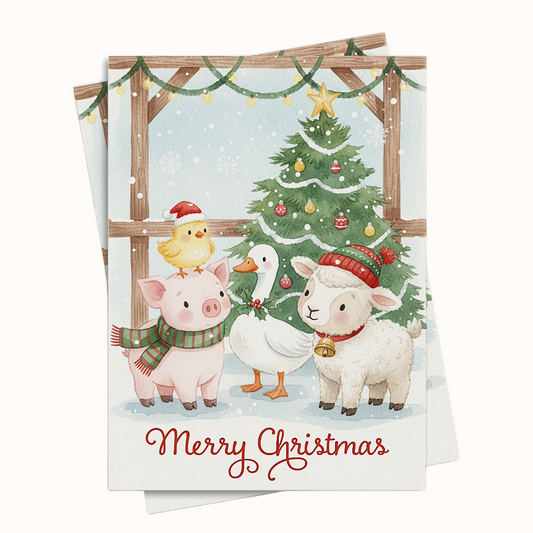 Christmas card with farm animals and a decorated tree. Printable card download