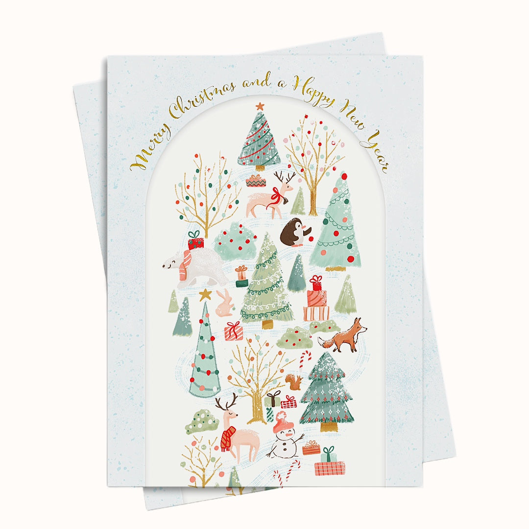 Christmas-themed greeting card with trees, deer, and other festive elements on a white background.