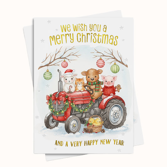 Christmas card with animals on a tractor and festive text