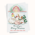 Load image into Gallery viewer, Christmas card with farm animals in front of a barn, featuring the text 'We wish you a Merry Christmas and a Very Happy New Year'.
