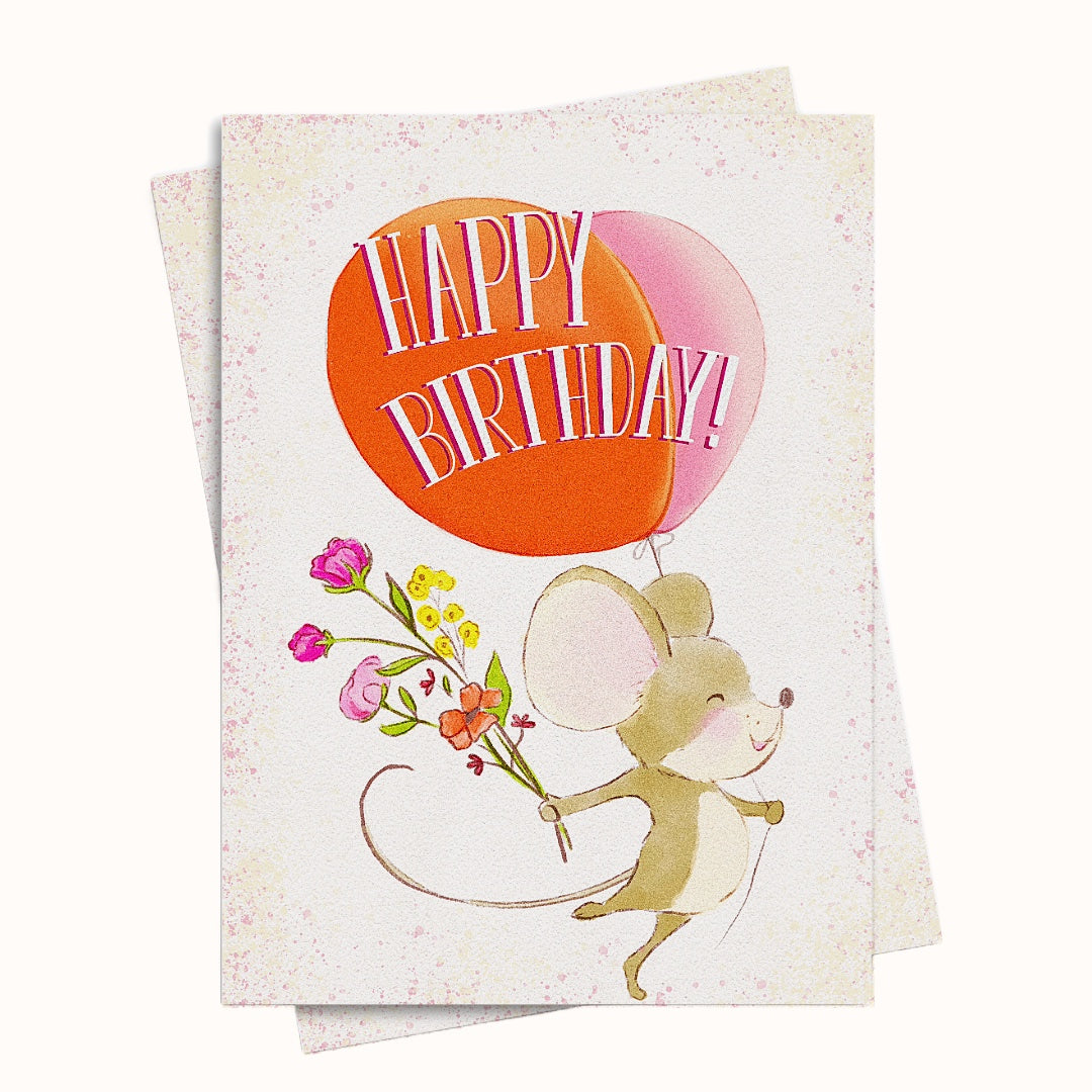 Little Mouse with flowers birthday greeting card