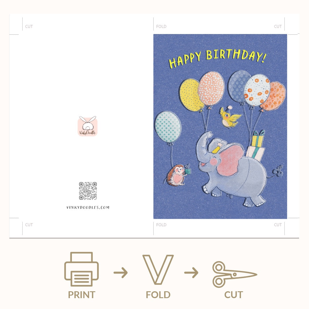 Cute Elephant Bird Hedgehog Birthday Card Printable