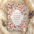 Load image into Gallery viewer, Floral 'Save the Date' card for Elizabeth and Jacob on a lace background with lavender.
