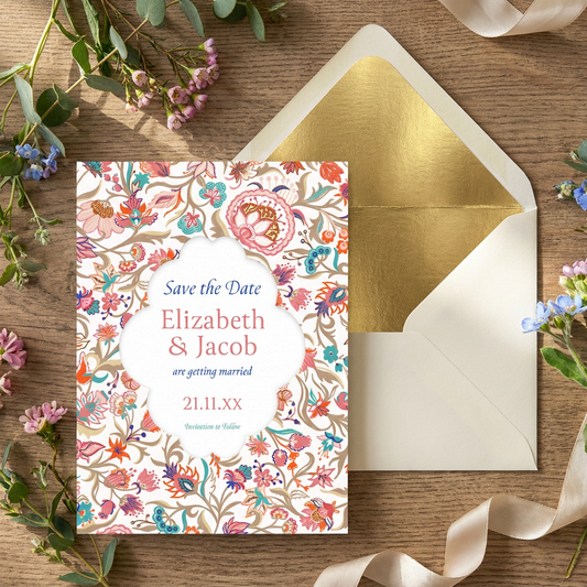 Floral wedding save the date card with gold envelope on a wooden surface with flowers.