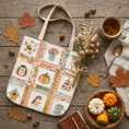 Load image into Gallery viewer, Autumn Patchwork cozy cottage core tote bag with patches of cute owl hedgehog pumpkin chikadee tea cup mushrooms peonies and bee.
