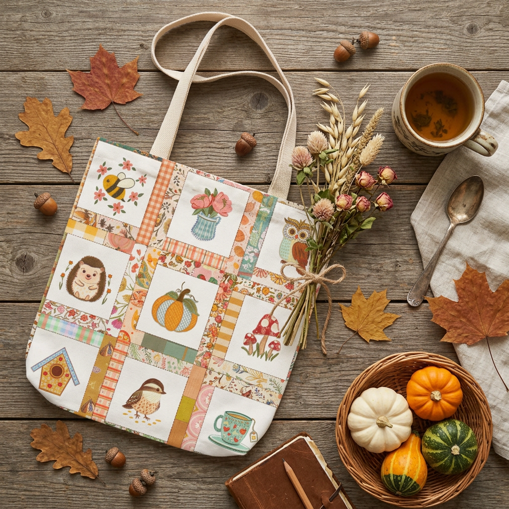 Autumn Patchwork cozy cottage core tote bag with patches of cute owl hedgehog pumpkin chikadee tea cup mushrooms peonies and bee.
