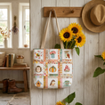 Load image into Gallery viewer, Autumn Patchwork cozy cottage core tote bag with patches of cute owl hedgehog pumpkin chikadee tea cup mushrooms peonies and bee.
