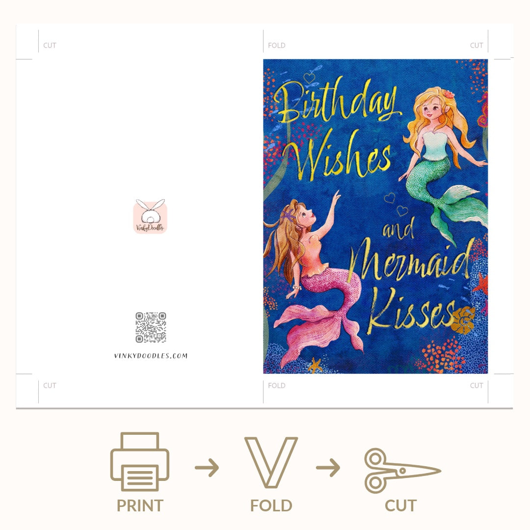 Mermaid Kisses Birthday Greeting Card Printable