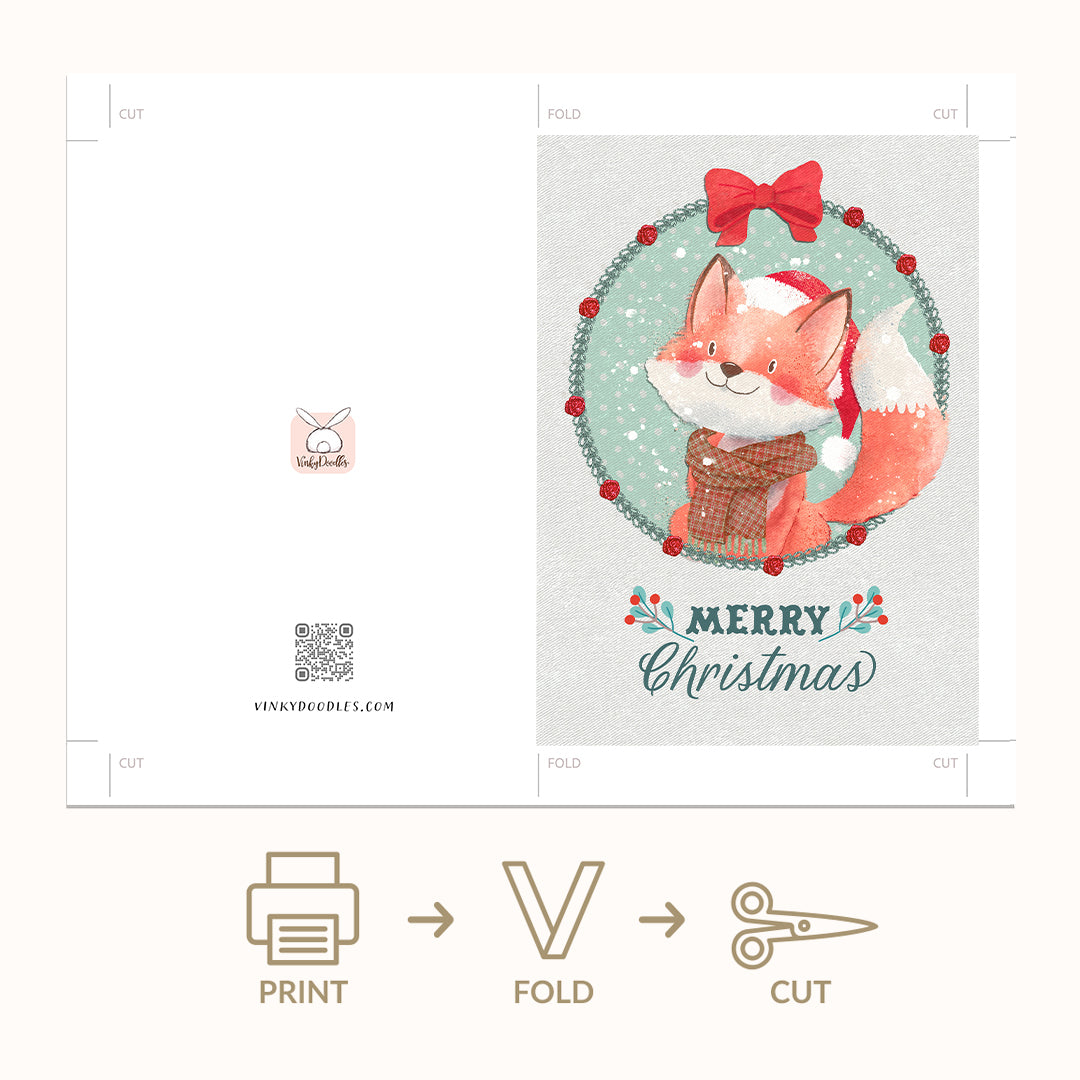 A Christmas greeting card design shown as a flat layout with fold and cut guides, featuring an illustrated fox in a red Santa hat and scarf inside a wreath, with 'Merry Christmas' text. Below the card are icons and labels for print, fold, and cut.