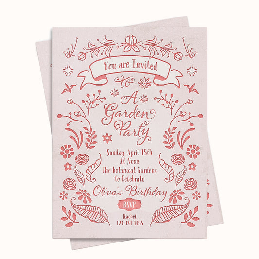 Invitation card for a garden party with floral designs on a white background