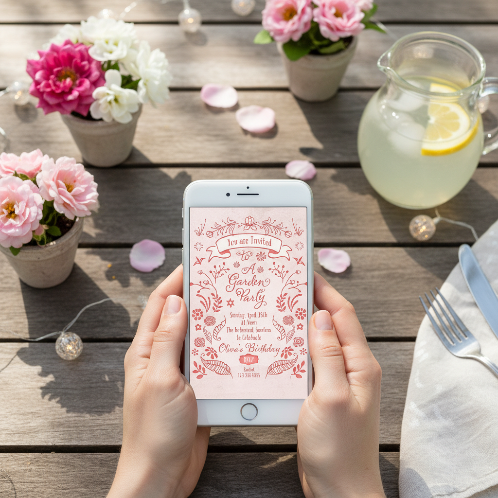 Person holding a smartphone with a floral invitation on a garden party setting with flowers and lemonade.