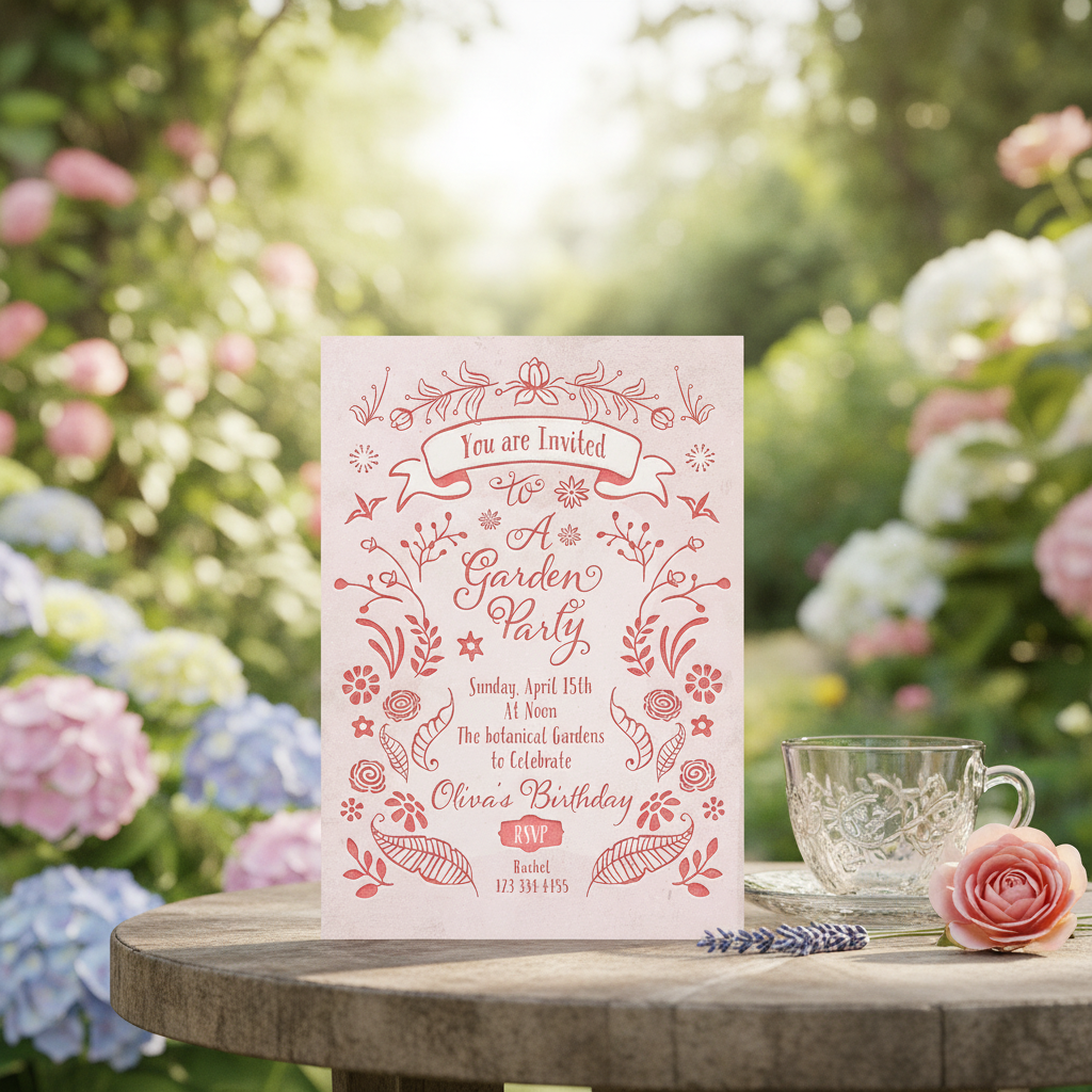 Invitation card for a garden party with floral design on a wooden table outdoors.