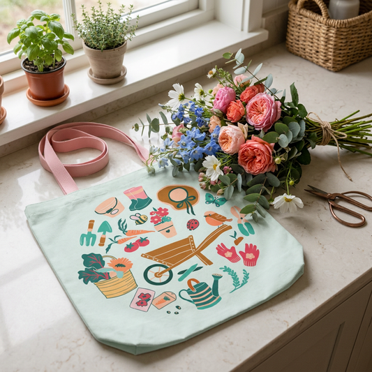 Storybook Gardening Tools Canvas Tote  with Pink Straps