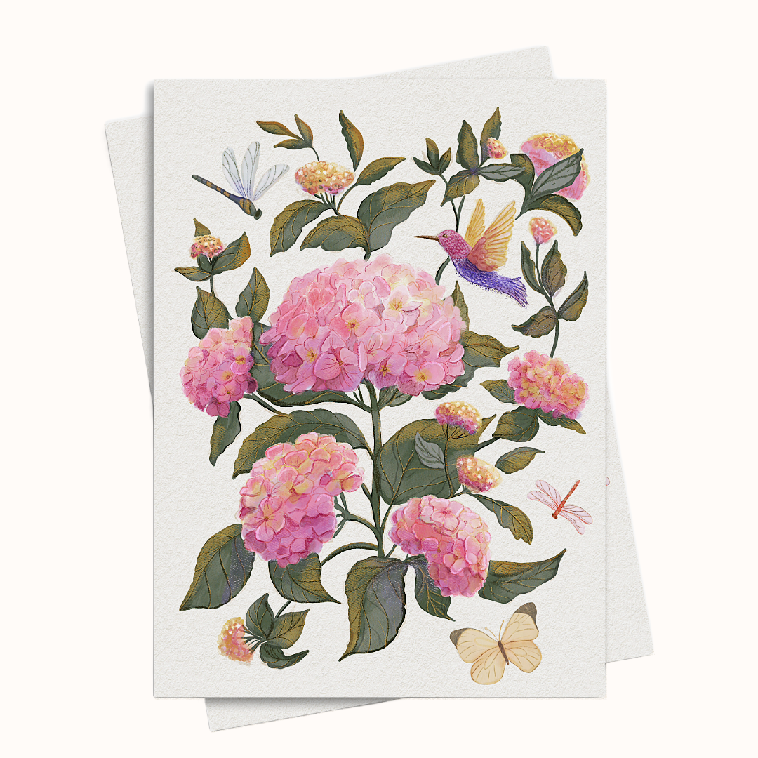 A botanical art print featuring pink hydrangeas, green leaves, a hummingbird, dragonflies, and a butterfly on a textured white paper background. Printable Greeting card.