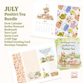 Load image into Gallery viewer, A collage showing a July Positivi-Tea bundle with multiple printable card and calendar designs laid out on a light cream background. Text on the left lists included items: desk calendar, kettles postcard, bookmark, note card, quote card, 2 gift tags, folded greeting card, and envelope template.
