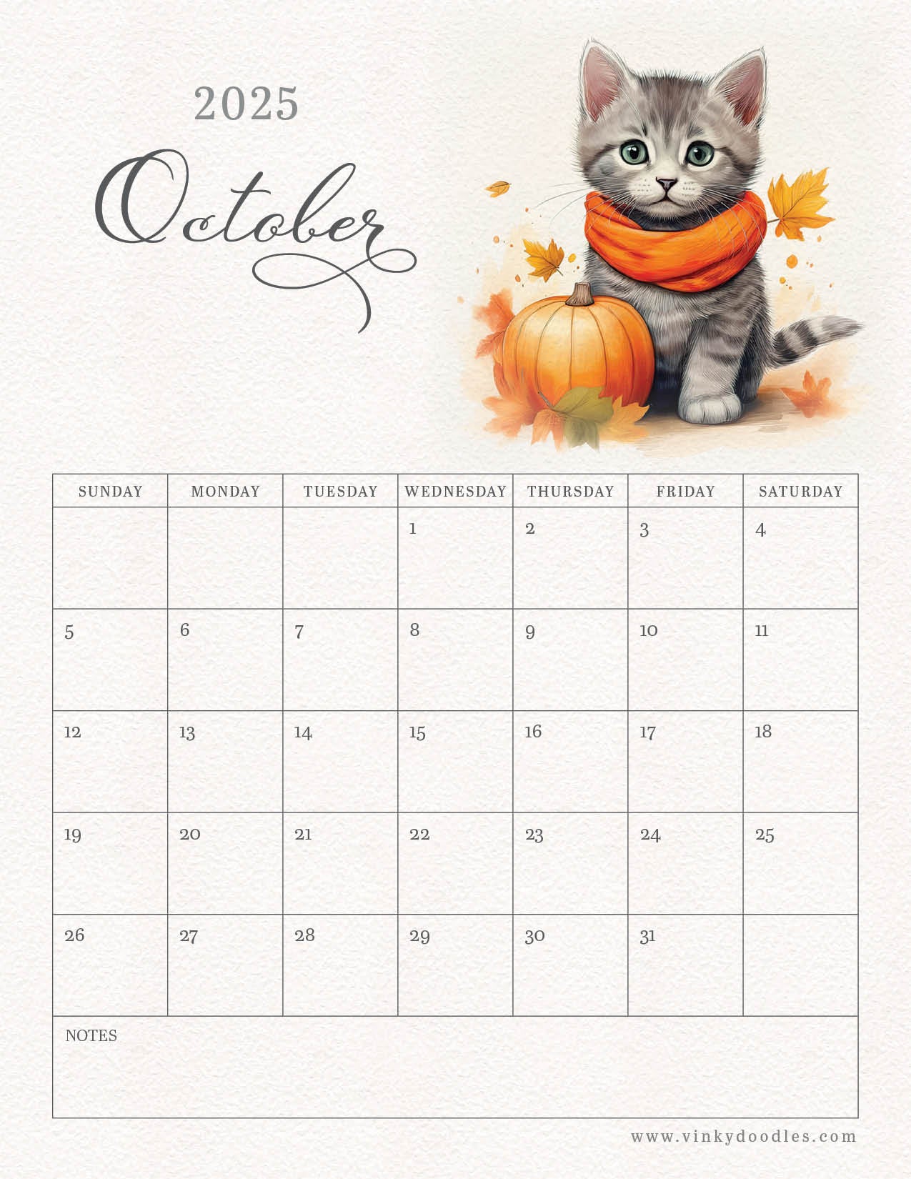 Free kitten monthly calender - Oct 2025
