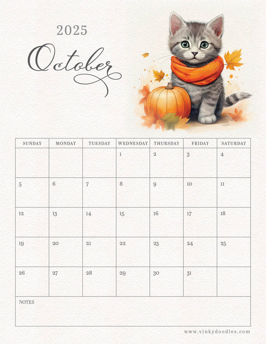 Free kitten monthly calender - Oct 2025