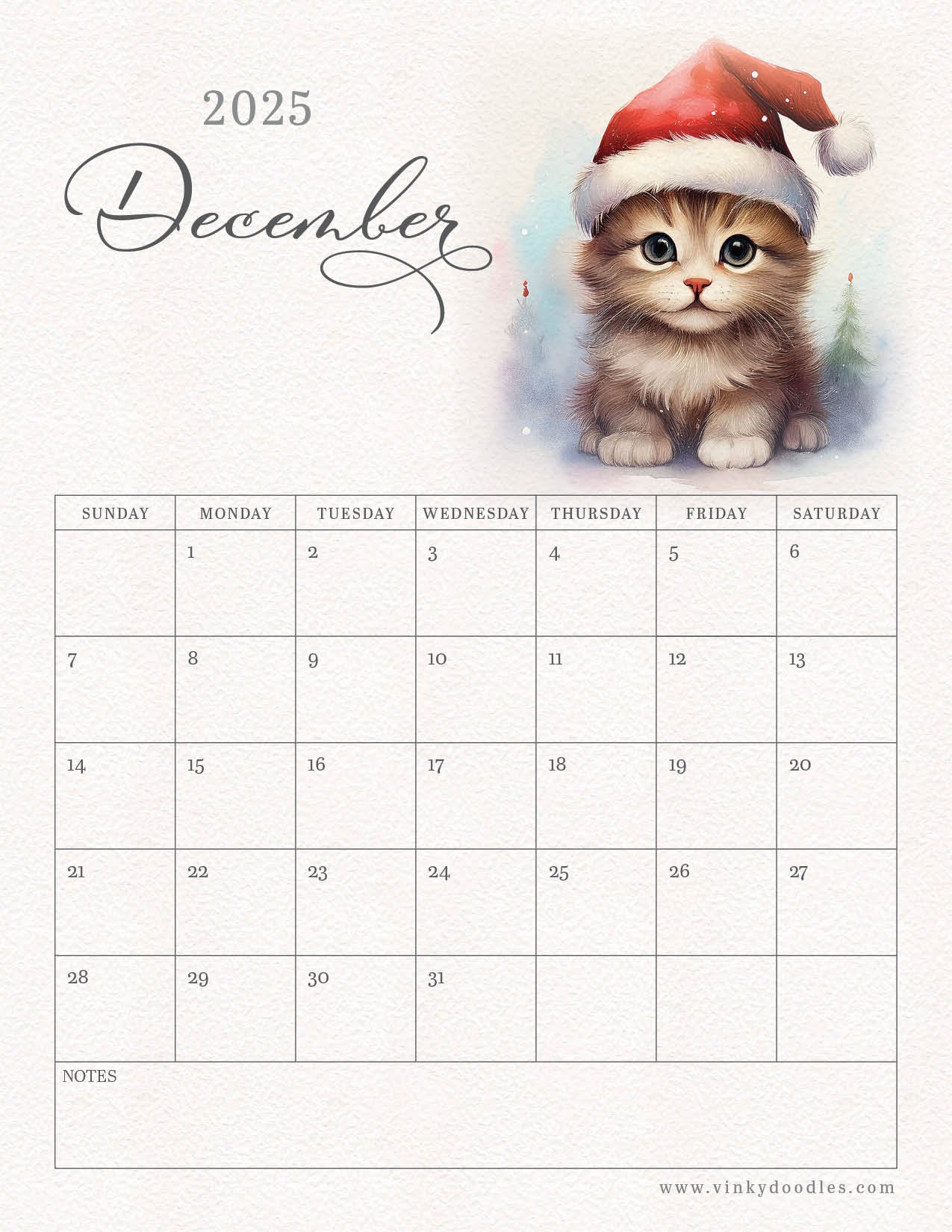 Free kitten monthly planner - December 2025
