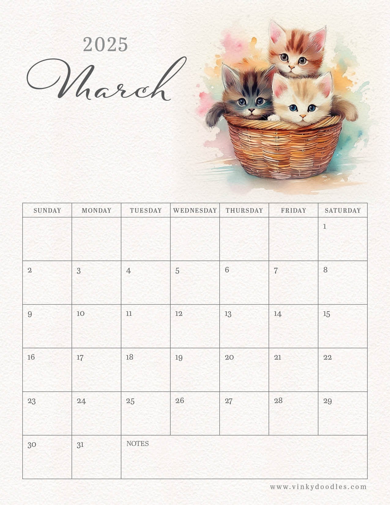 FREE Monthly Calendar - March 2025 – Vinky Doodles